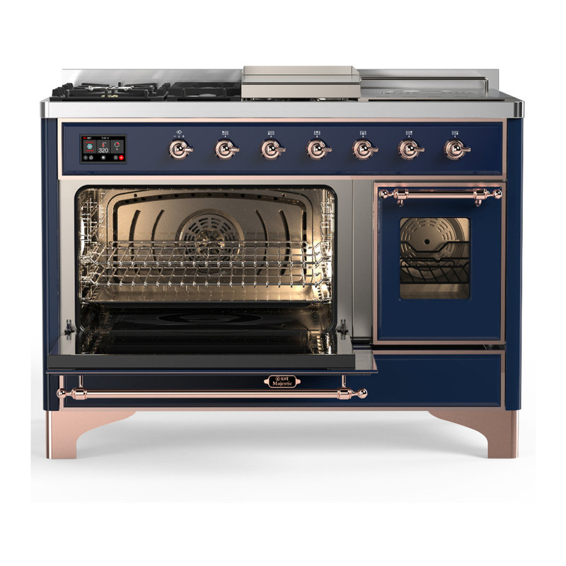 Majestic III Series 48 Inch Dual Fuel Range with 5 Sealed Burners, Griddle, Frenchtop in Glossy Black (Natural Gas, Burnished Trim)