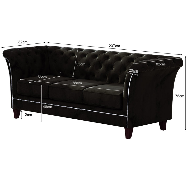 Chesterfield  Sofa 3 Seater Made of Velvet Fabric with Solid Wood Legs, Black