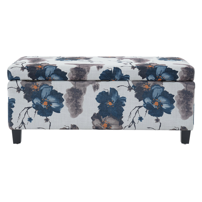 Ingerson 39" Wide Rectangle Ottoman with Storage, Blue Flower and White