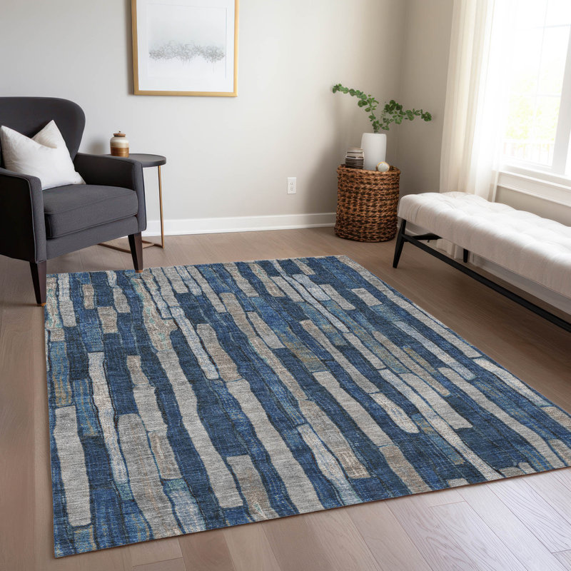 Tapis bleu marine intérieur / extérieur lavable à la machine Christain ACN1304, Rectangulaire 3 pi x 5 pi