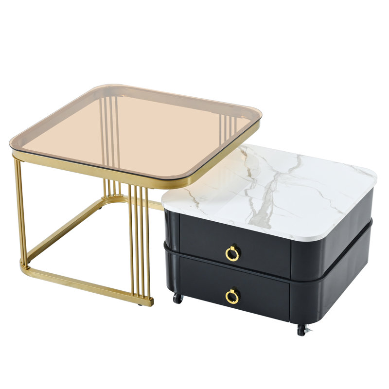 Square Nesting Coffee Table With Wheels & Drawers, Stackable Side Table With High Gloss Marble Grain Top, End Table Set With Brown Tempered Glass