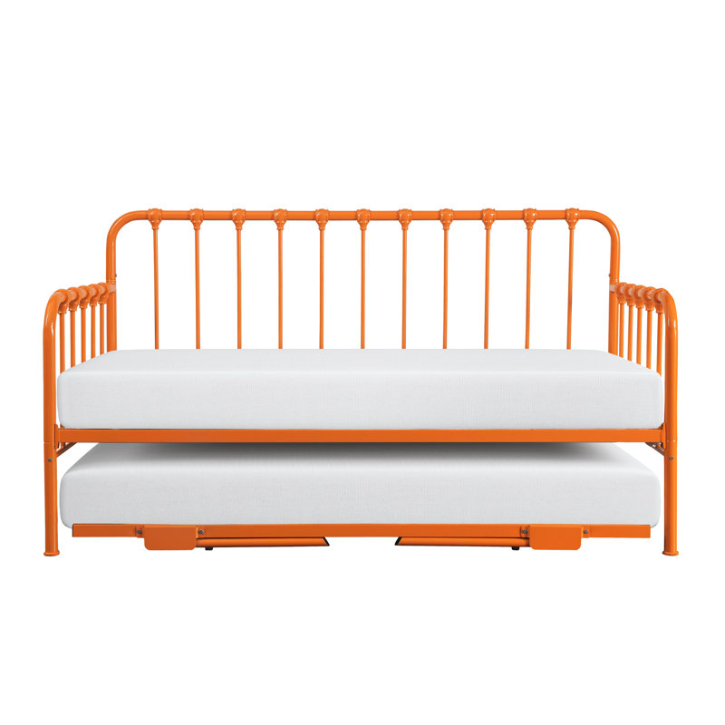 Lit de jour en métal avec couchette relevable orange, essentiel pour la chambre à coucher, design classique, solution de rangement facile dans les meubles de finition, aucune base requise, pieds pliants et