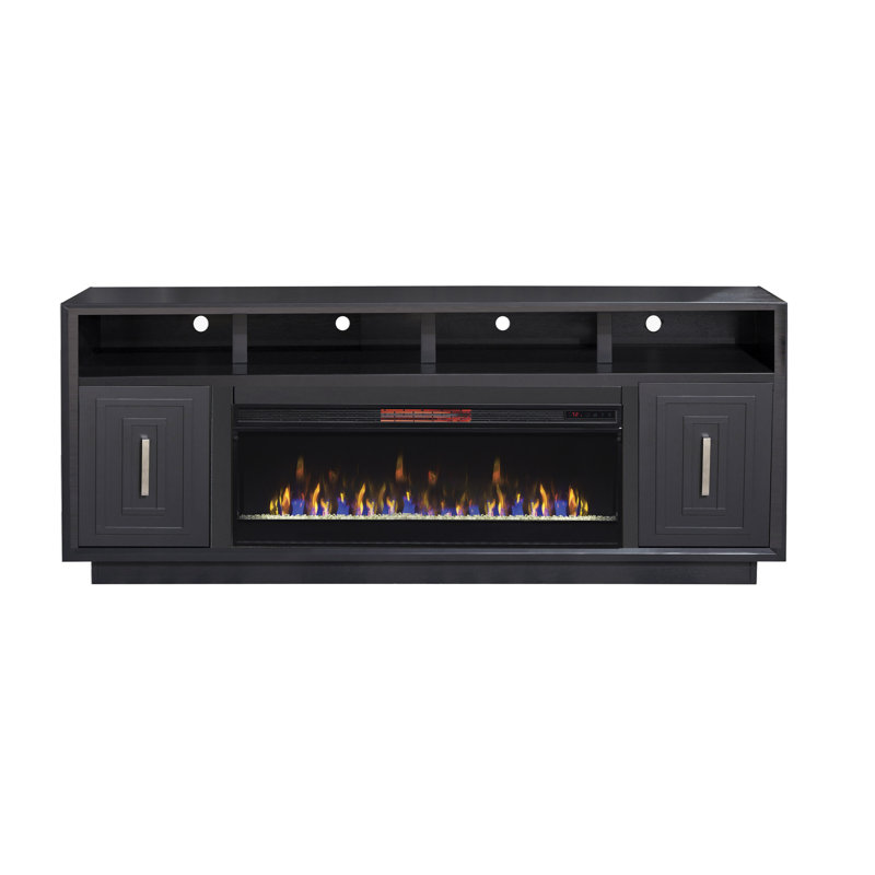 Meuble télé 67 po avec foyer électrique pour téléviseur de 80 po ou moins, assemblage minimal, finition noire