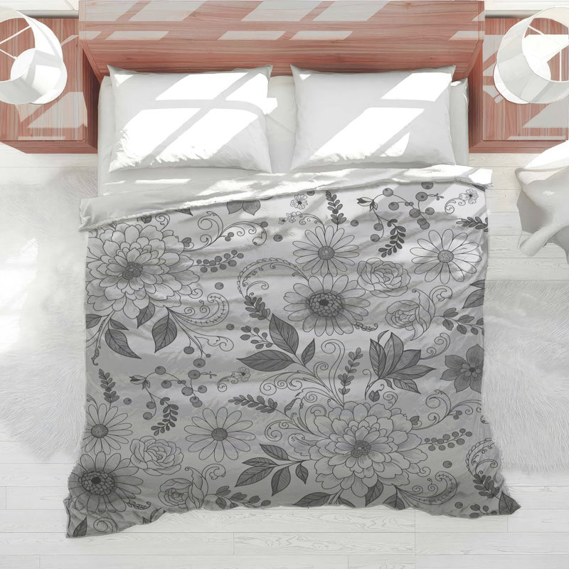 Édredon noir et blanc à motif floral, Grand lit