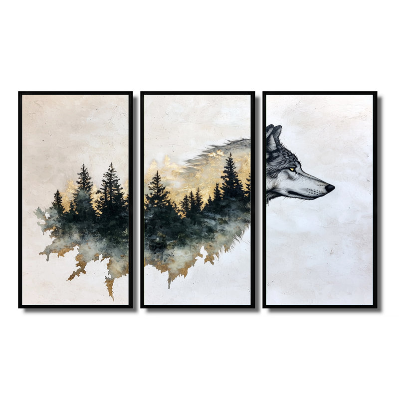 Wolf Silhouette Double Exposure Forest - Wolf Wall Art Set, Black, Floater Framed Print, 28" H x 36" W