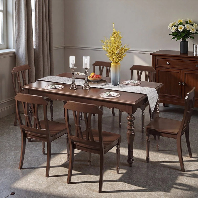 Ensembles de table à manger en bois massif de style rétro, 7 pièces : table, 6 chaises