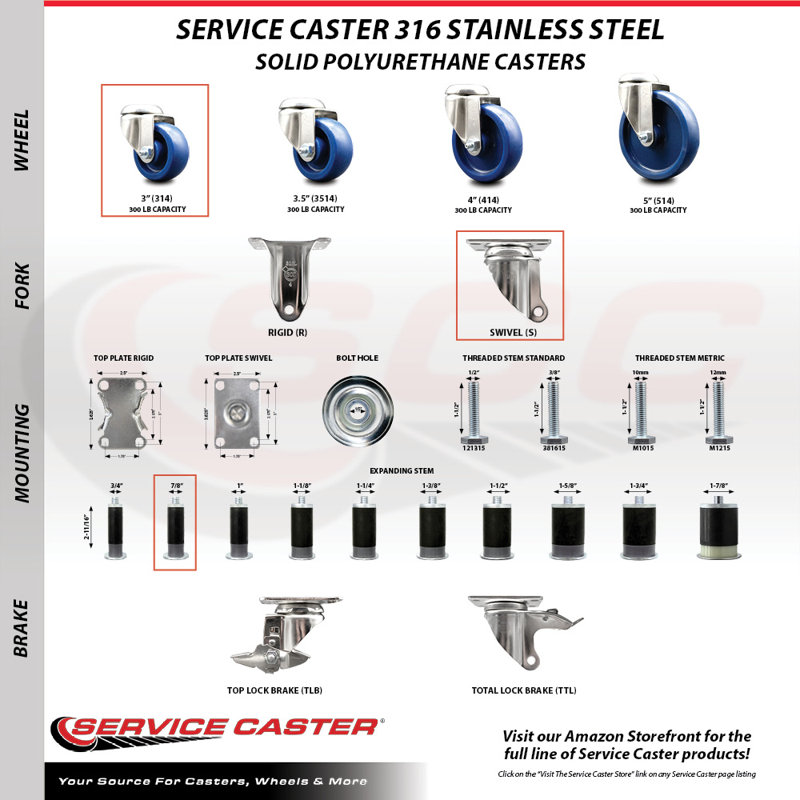 Solid Polyurethane Swivel Expanding Stem Caster Set