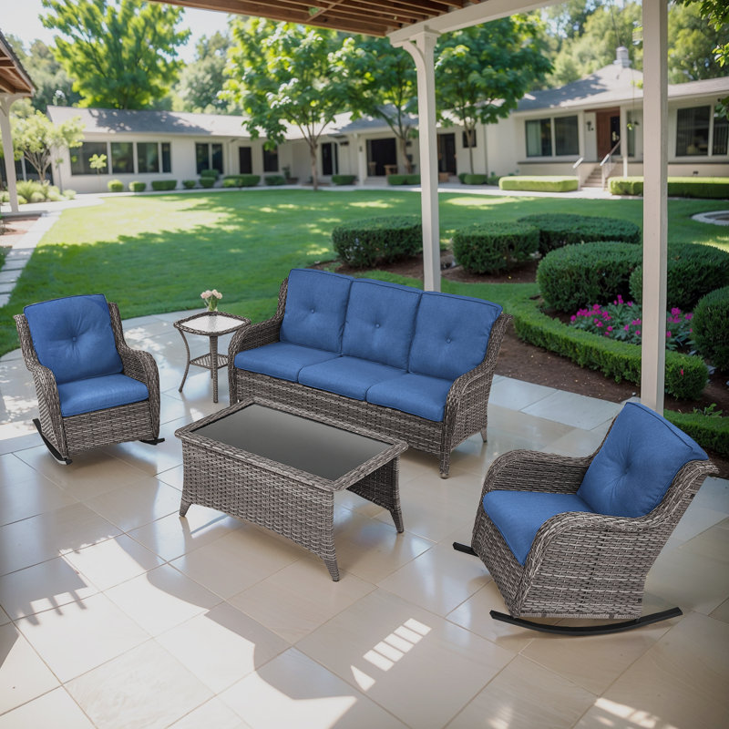 Bonia 5 - Person Outdoor Sofa Seating Group with Coffee Table and Cushions, Blue, Gray