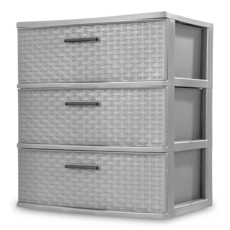 Sterilite 3 Drawer Wide Storage Tower, Plastic Weave Home Organizer, Cement, 24" H x 21.88" W x 15.88" D, 1 Pack