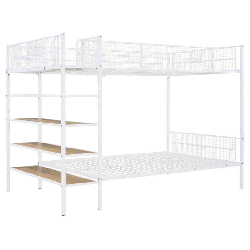 Lit superposé simple au-dessus d'un lit double en métal avec tablettes à 5 niveaux, Blanc / Naturel