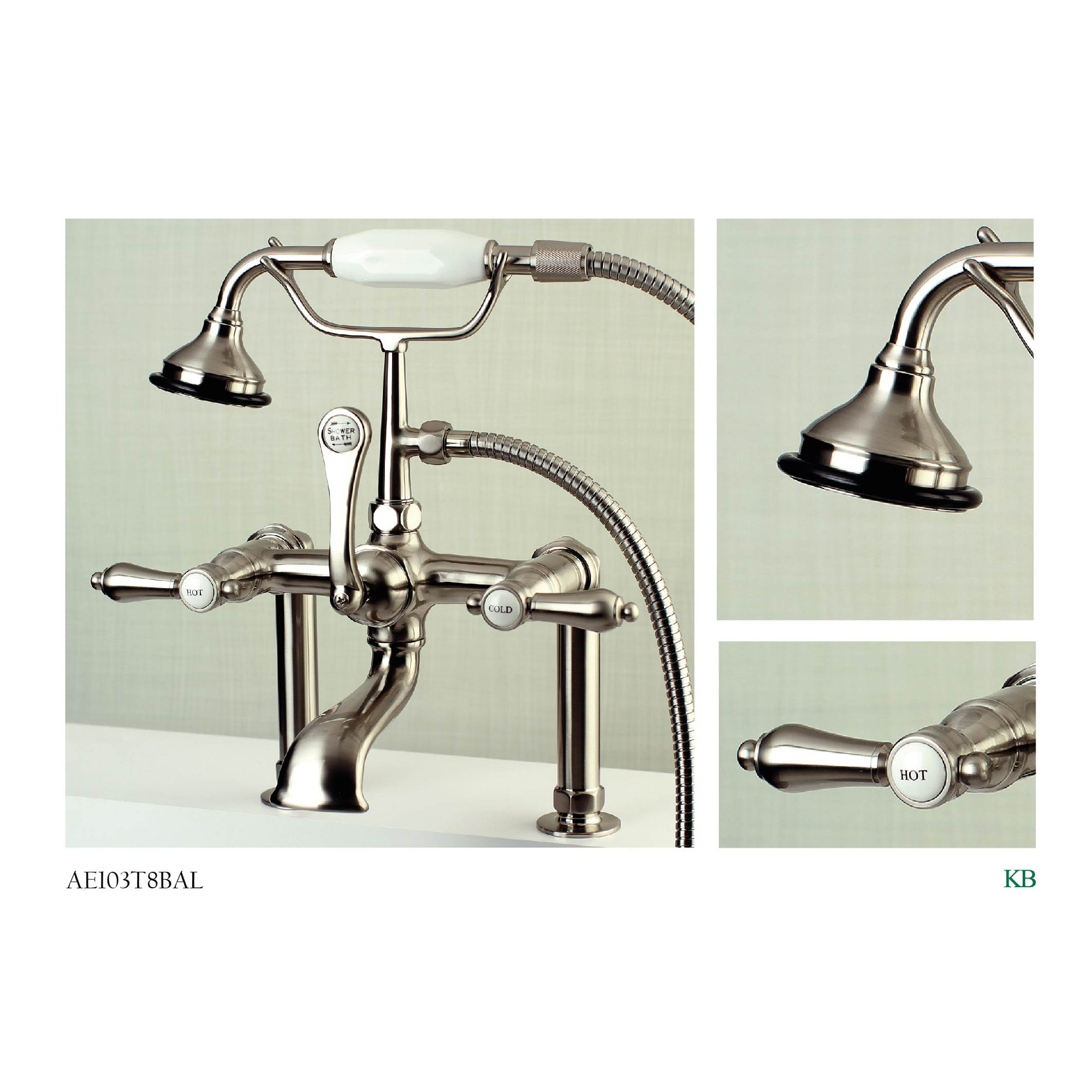 Kingston Brass Heirloom Three-Handle 2-Hole Deck Mount Clawfoot Tub Faucet with Hand Shower, Brushed Nickel