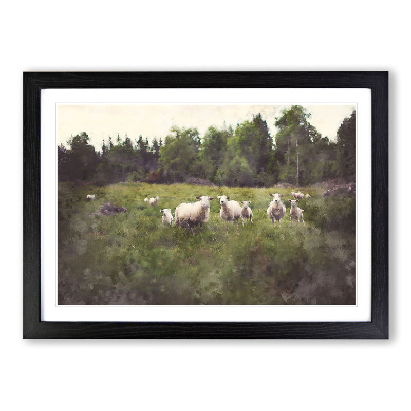Curious Sheep - Picture Frame Painting, 27cm H x 36cm W x 2cm D, Black Framed