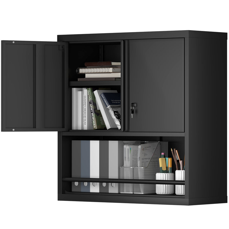 Armoire de rangement murale 30 po, armoire de cuisine en métal, armoire tout en acier avec tablette réglable et tablette ouverte (noir)