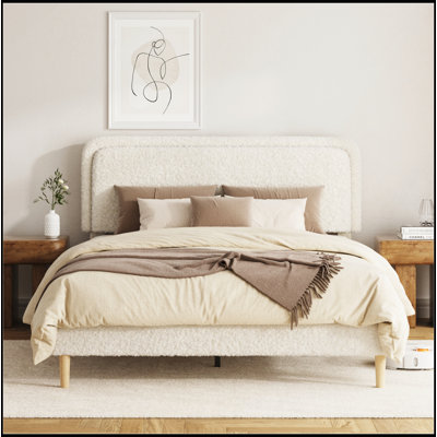 Queen Plush Upholstered Platform Bed with Height-Adjustable Headboard, Sturdy Frame and Slats,No-Spring Mattress Compatible