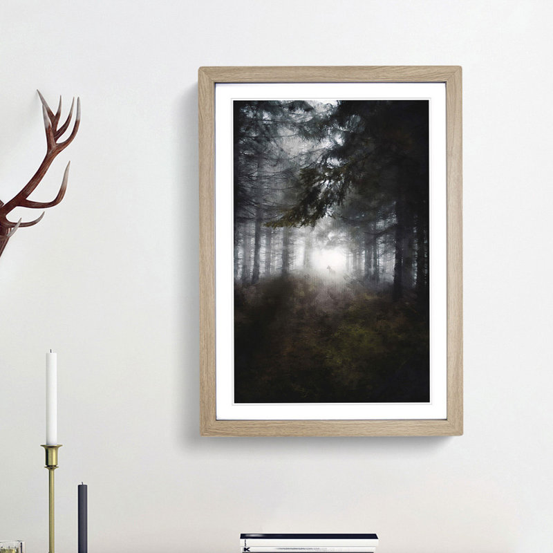 White Wolf in a Forest - Picture Frame Painting Print, 63cm H x 45cm W x 2cm D, Oak Framed