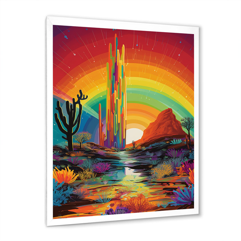 Cactus Saguaro dans un paysage de désert arc-en-ciel - impression, H 44 po x l 34 po x P 1,5 po, Cadre simple blanc