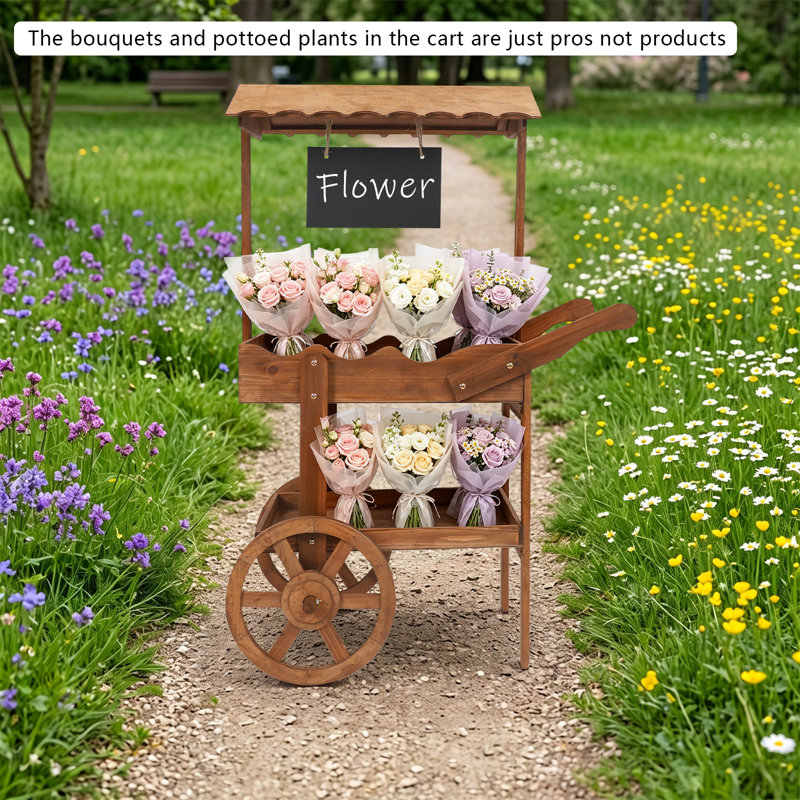 Présentoir à fleurs à 2 niveaux avec roues et chariot à dessert en bois brun