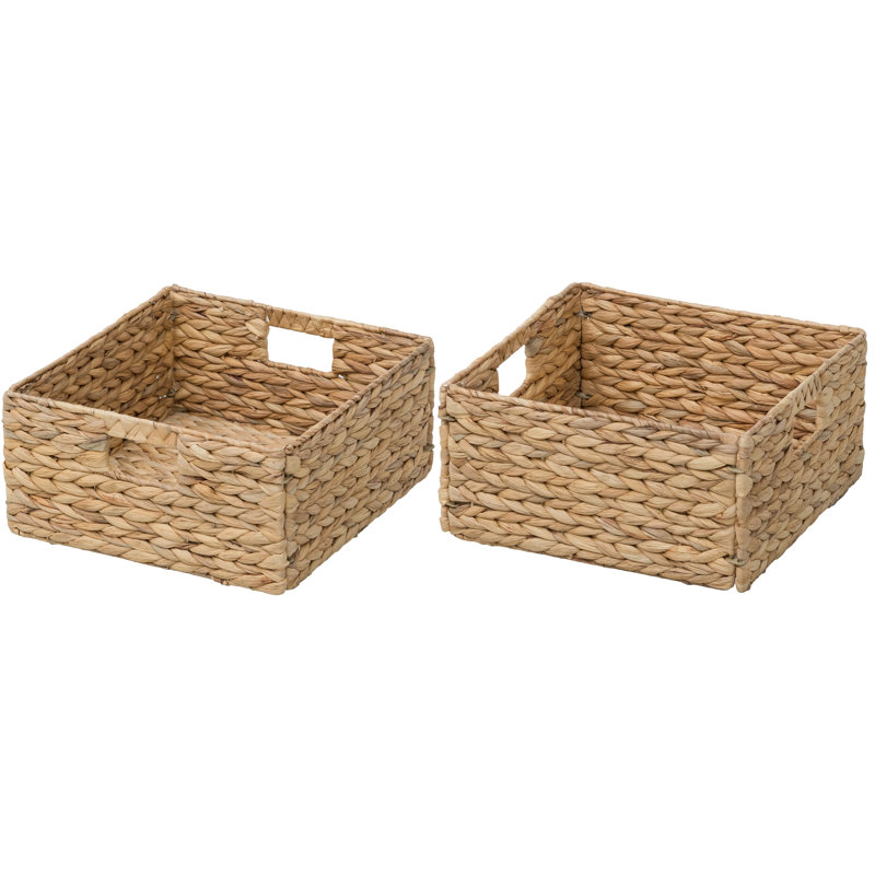 12" W x 12" D Square Natural Water Hyacinth Hand Woven Rattan Wicker Storage Basket Set with Iron Wire Frame (Set of 2), 2