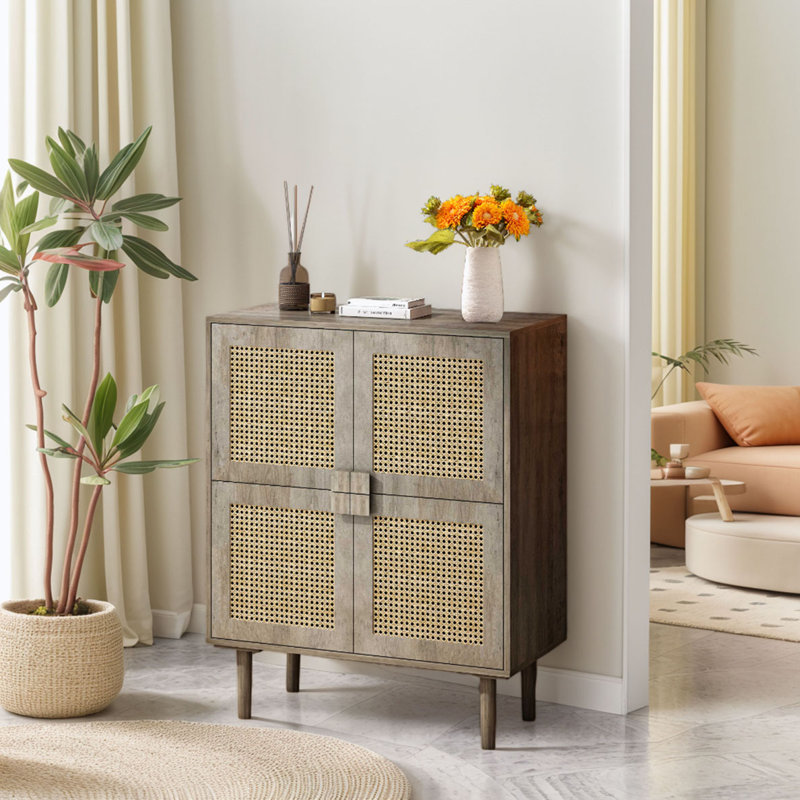 4-Doors Rattan Mesh Storage Cabinet with Eight Spacious Shelves, Ideal for Entryway, Living Room, and Hallway, Gray