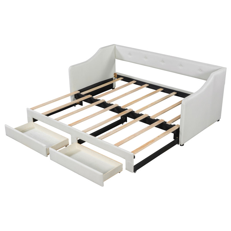 Twin Xl To King Size Upholstered Daybed With Two Drawers, Beige