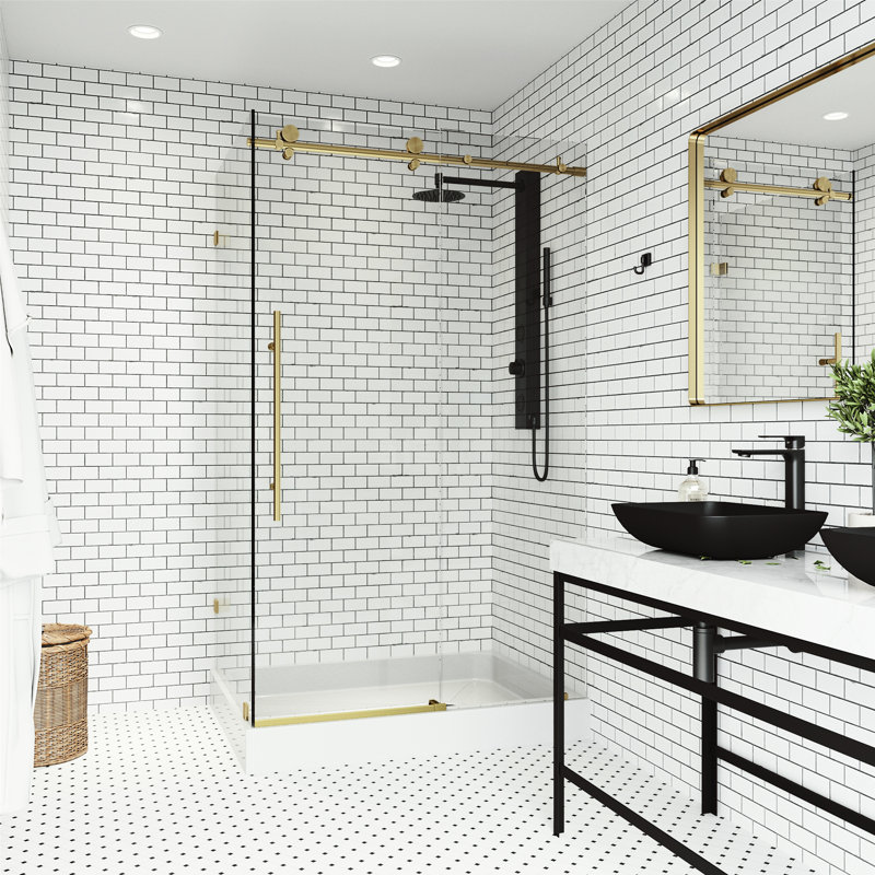 Cabine de douche coulissante sans cadre avec verre transparent de 3/8 po et base Elan classe E 48 po x P 36 po x H 82 po