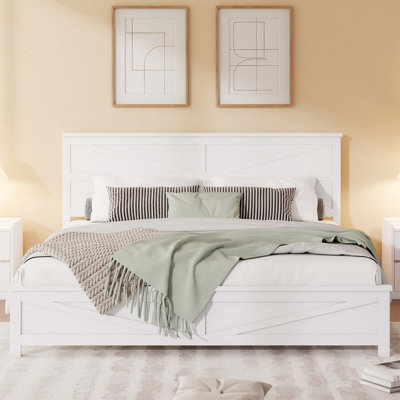 Élégant très grand lit de style campagnard avec tête et pied de lit avec porte de grange, structure en pin pour une durabilité accrue (matelas non inclus)