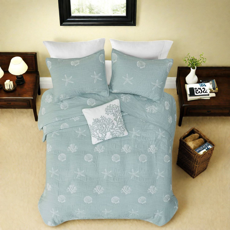 Ensemble de literie matelassée en coton Coastal, réversible, turquoise, 4 pièces, double / grand