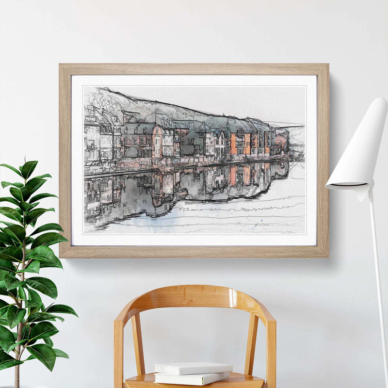 Row of Houses in Dinant Belgium in Abstract - Picture Frame Graphic Art Print, 60cm H x 91cm W x 2cm D, Oak