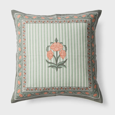 Kesar Handblock Printed Cotton Cushion Cover, 18 x 18, Green & Blush Pink