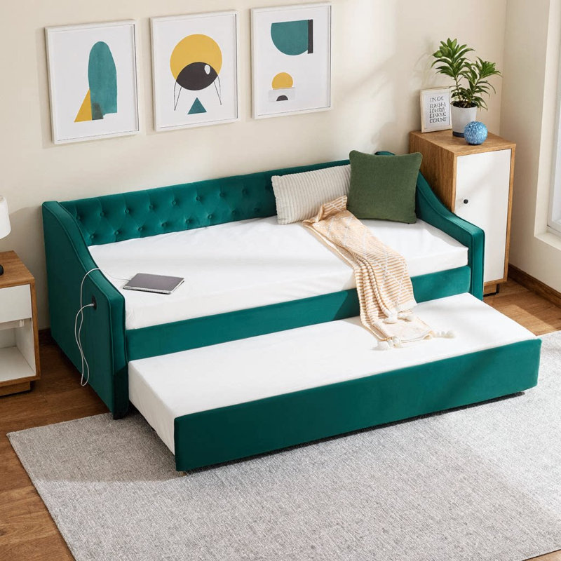 Velvet Daybed with Trundle, USB Port & Side Pockets | Button Tufted Back, Waved Arms with Piping | Space‑Saving Sofa Bed for Bedroom, Guest Room, or Living Room