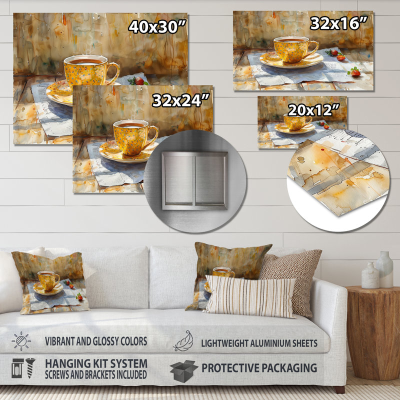 «White Beige Cozy Cup Of Coffee II», impression d'art mural café, H 24 po x l 32 po, Sans cadre, métal