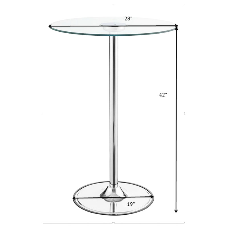 Table de bar bistro avec plateau en verre et finition en verre - pièce ronde de salle à manger, 42 pouces de hauteur, 28 dimensions, éclairage écoénergétique, base en métal, look contemporain avec table, hauteur, largeur et profondeur, économie