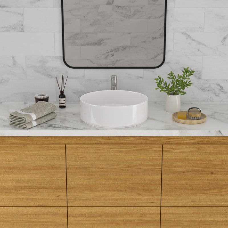 GhomeG 16"L Round Bathroom Sink Ceramic Drop-in Vanity Sink, White