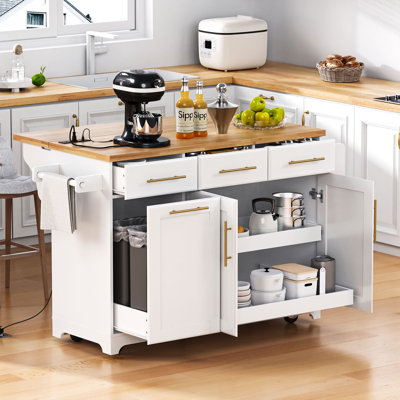 LIFETOWN 59.3" Kitchen Island with 2 Pull Out Cabinet Organizers & Rubber Wood Drop Leaf, Rolling Kitchen Island with Trash Can Storage, Power Outlet, Spice & Towel Rack