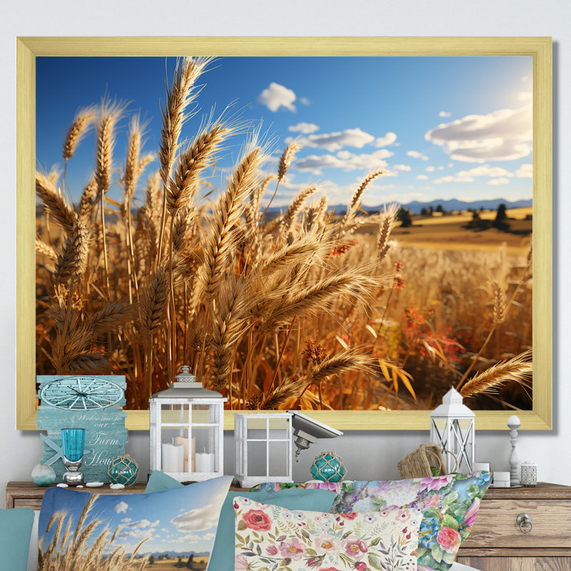 Golden Harvest Meadow Horizon IV - Art mural prairie, Cadre flottant brun, H 12 po x l 20 po x P 1 po