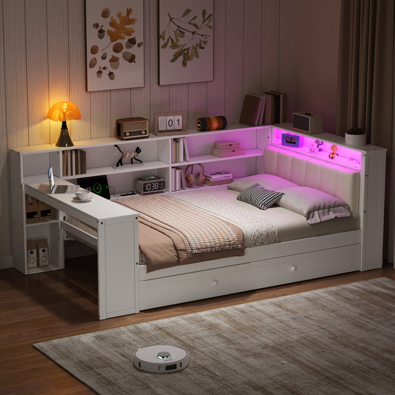 Lit plateforme simple en bois avec tablettes de rangement, lit gigogne, charge USB, tête de lit et bureau à DEL - blanc / beige
