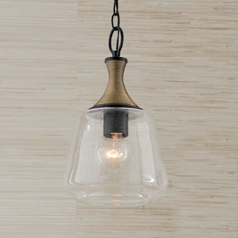 Matte Black and Brass Pendant with Seeded Glass Shade