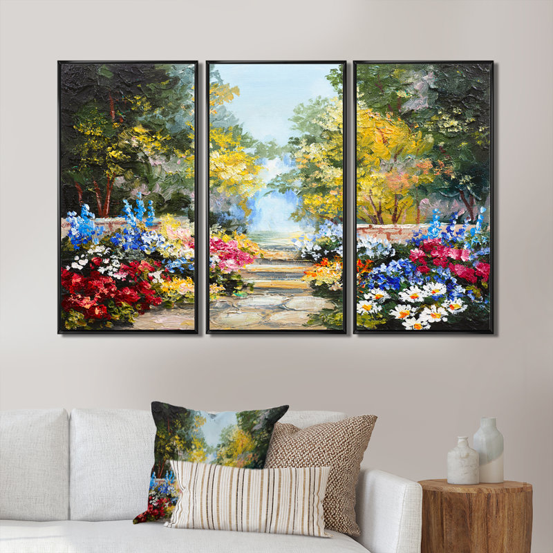 Forêt d'été avec fleurs - ensemble d'art mural sur toile encadré paysage, H 32 po x l 48 po x P 1 po, Noir