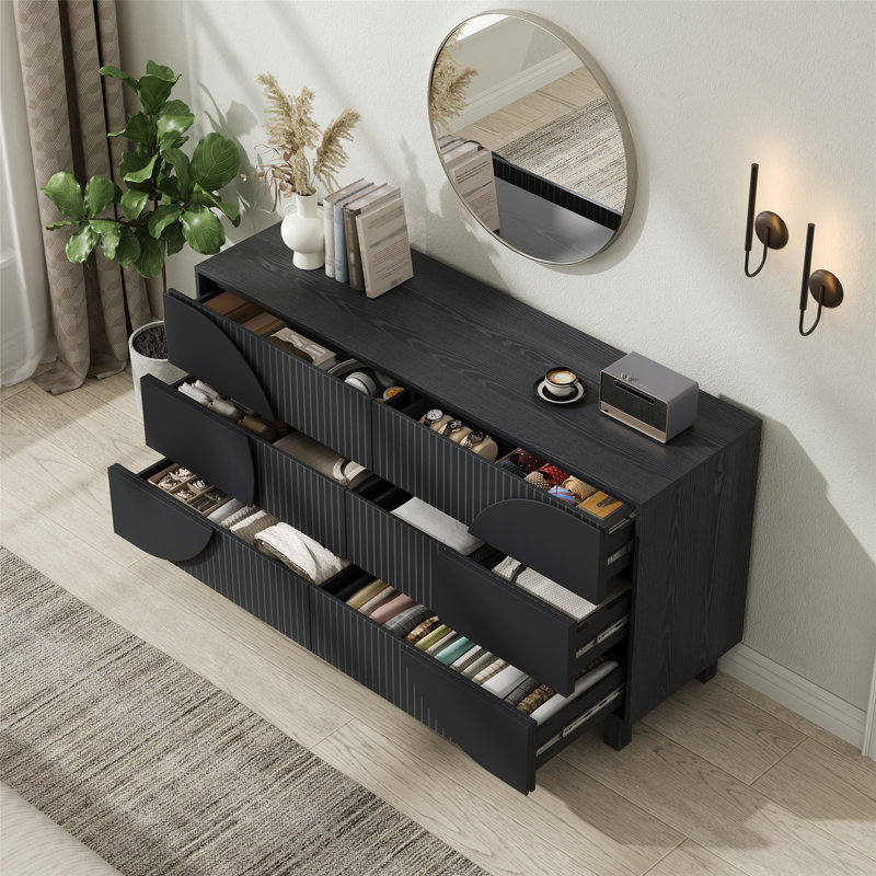 Commode cannelée à 6 tiroirs, meuble télé avec pieds en bois massif pour chambre à coucher, salon, Noir carbone