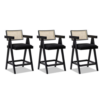 Coulten 25.5" Modern Webbing Back Bar Stool With Arms, Set Of 3, Ebony Black Boucle