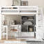 Lit mezzanine double blanc avec bureau en forme de L, tiroirs multifonctionnels, armoire et escalier de rangement avec décoration pratique et peu encombrante
