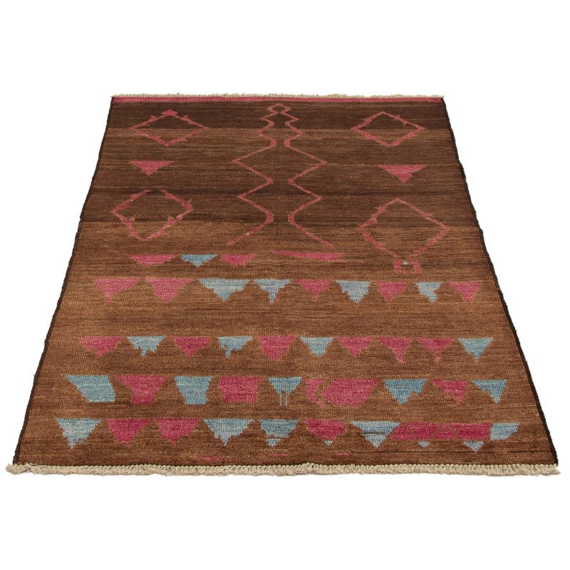 Tapis de zone en laine brun foncé 5 pi x 8 po à la main one-of-kind noué la Grogan