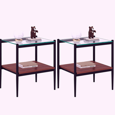 Ensemble de 2 tables de bout rectangulaires, plateau en verre trempé avec panneau de fibres à densité moyenne, table de salon moderne