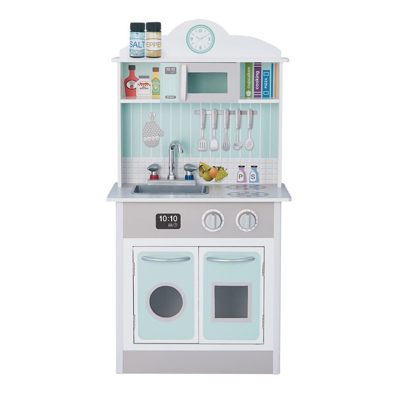 Teamson Kids Little Chef Madrid Classic Interactive Wooden Play Kitchen, White, Mint/Grey