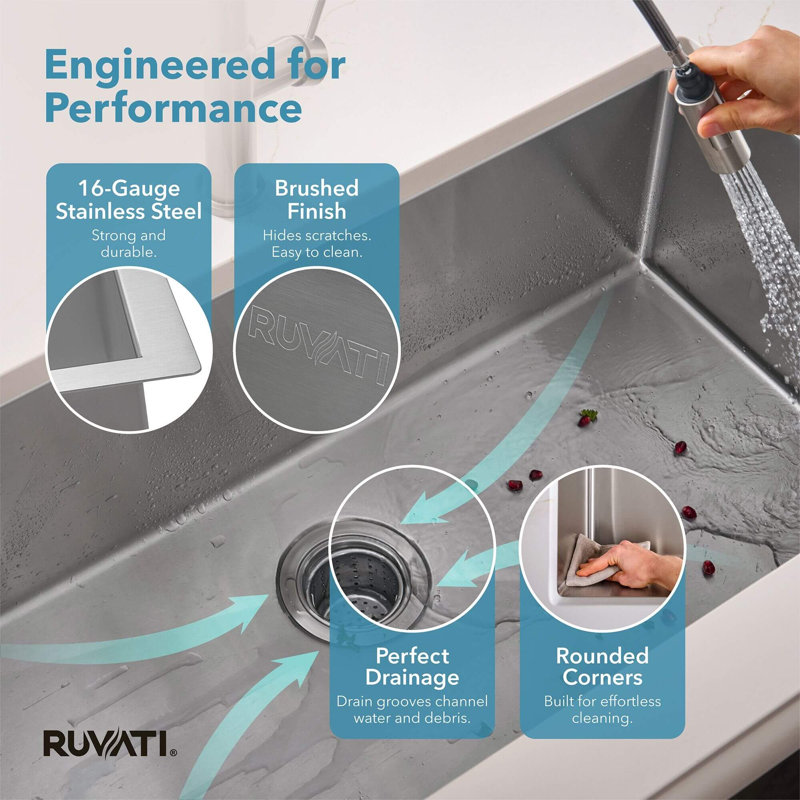Ruvati 35-inch Undermount 16 Gauge Rounded Corners Large Kitchen Sink Stainless Steel Single Bowl