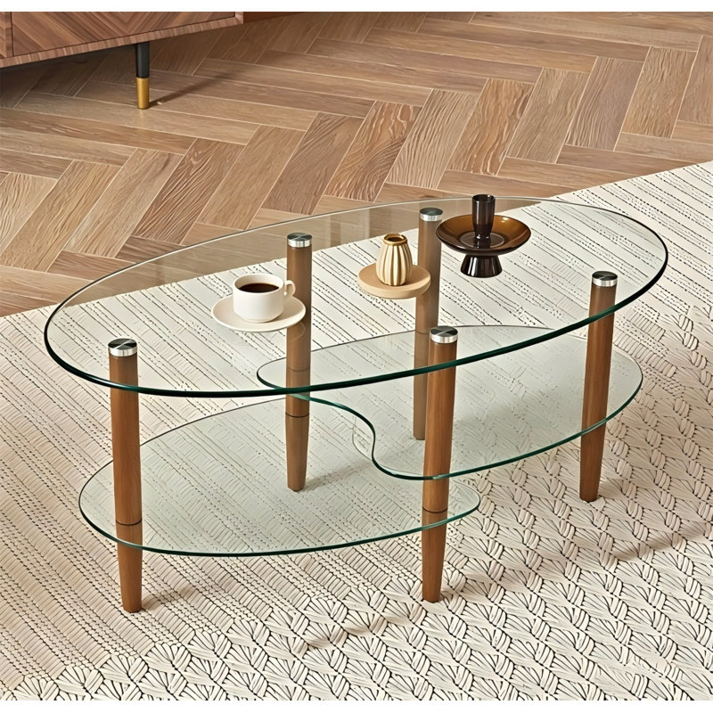 Table basse moderne ovale avec plateau en verre trempé, tablettes de rangement et structure en métal, Brun, Transparent