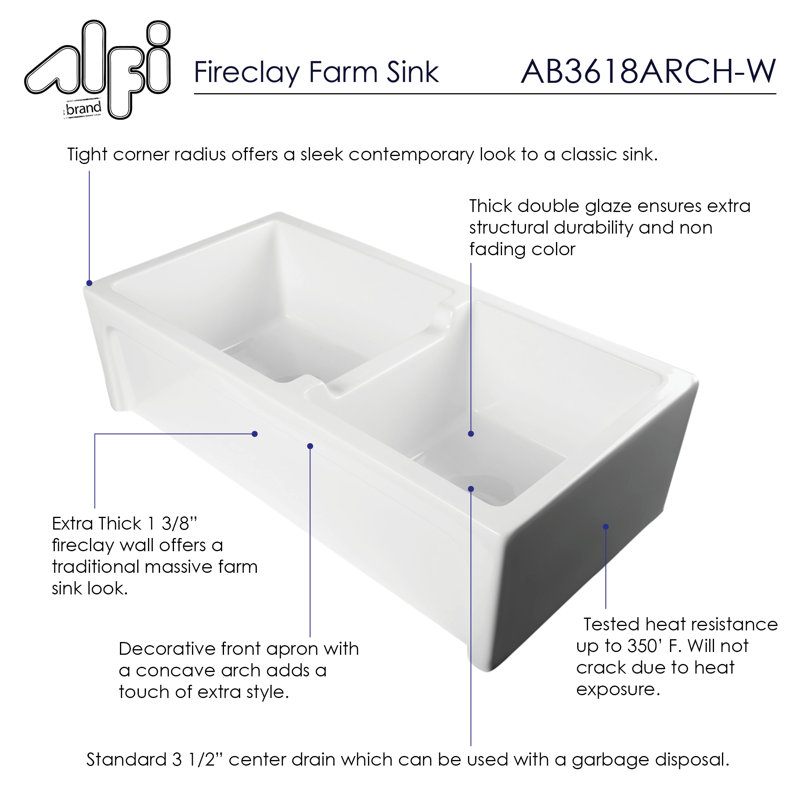 36'' L Double Bowl Fireclay Kitchen Sink, White