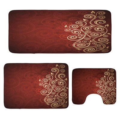 Burgundy Bathroom Rug Set 3 Pieces U-Shape & Rectangle Mats Cream Ruby