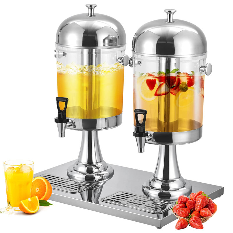 Distributeur de boissons à deux têtes en acier inoxydable de 4,4 gallons avec carotte de glace, support, robinet et égouttoir, distributeur de boissons commerciales pour jus, thé glacé, boissons froides, parfait pour la restauration, les fêtes et les mariages