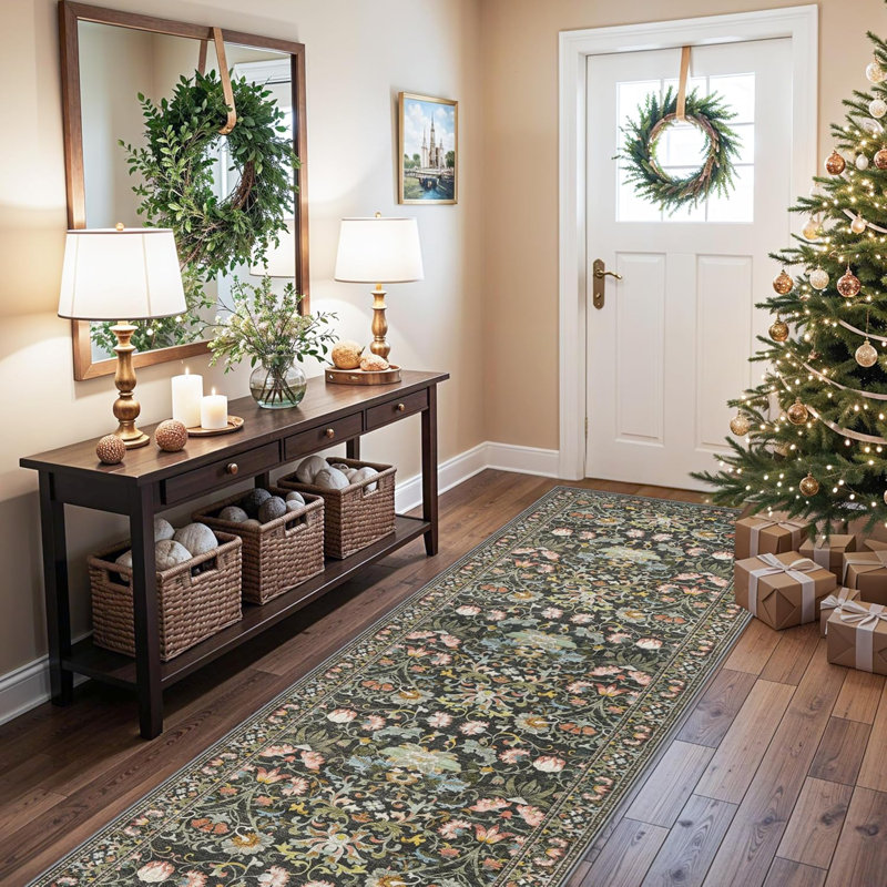 Washable Hallway Rug: Vintage Floral Kitchen Rugs with Non-Slip Backing Low Pile Water Resistant Carpet for Living Room Bedroom Soft Floor Mat for Bathroom Laudry Dining Room(Green)